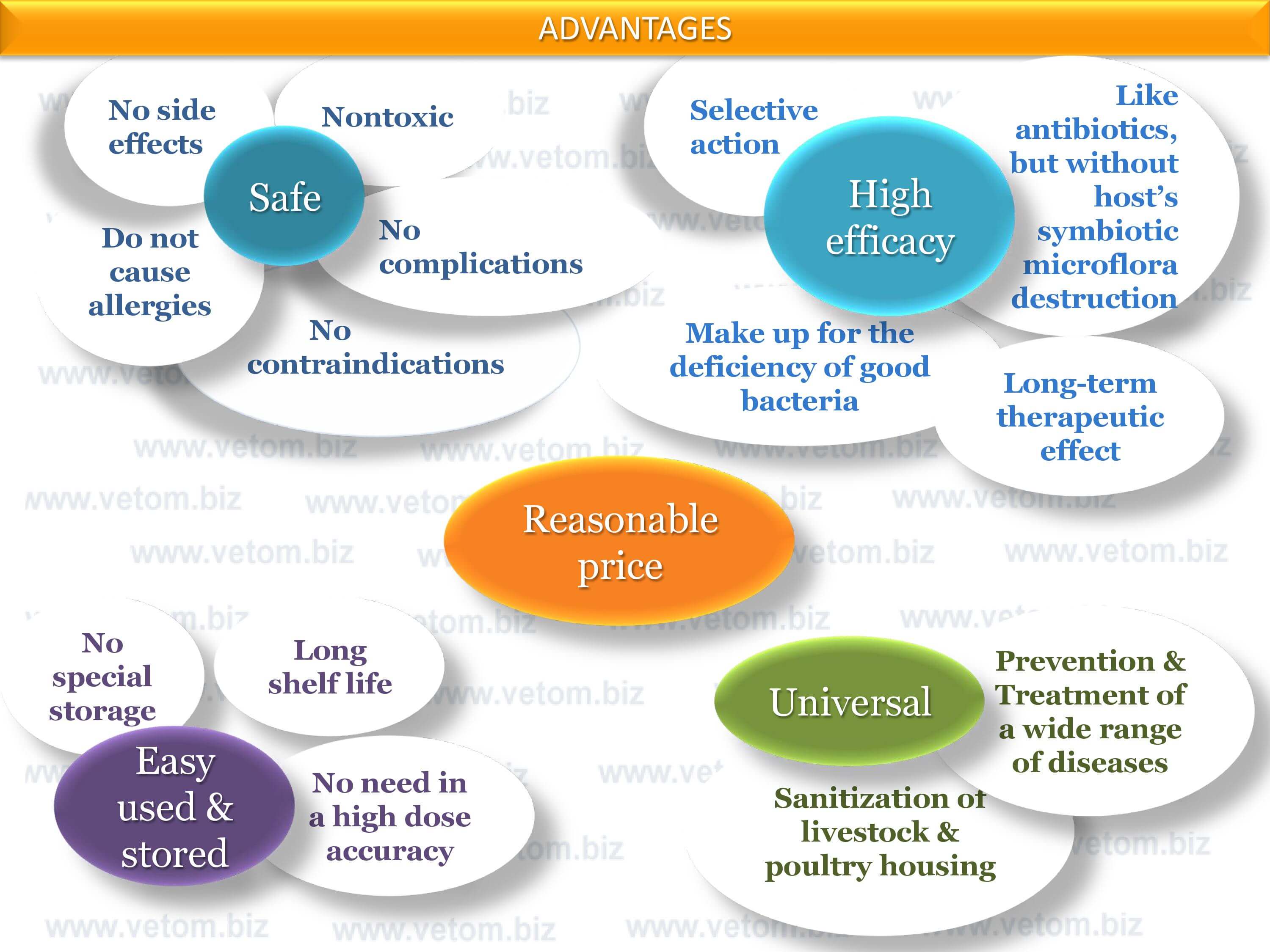 Advantages of probiotics VETOM are safe, high efficacy, universal (sanitization of livestock and poultry housing, prevention and treatment of a wide range of diseases), easy used & stored, reasonable price
